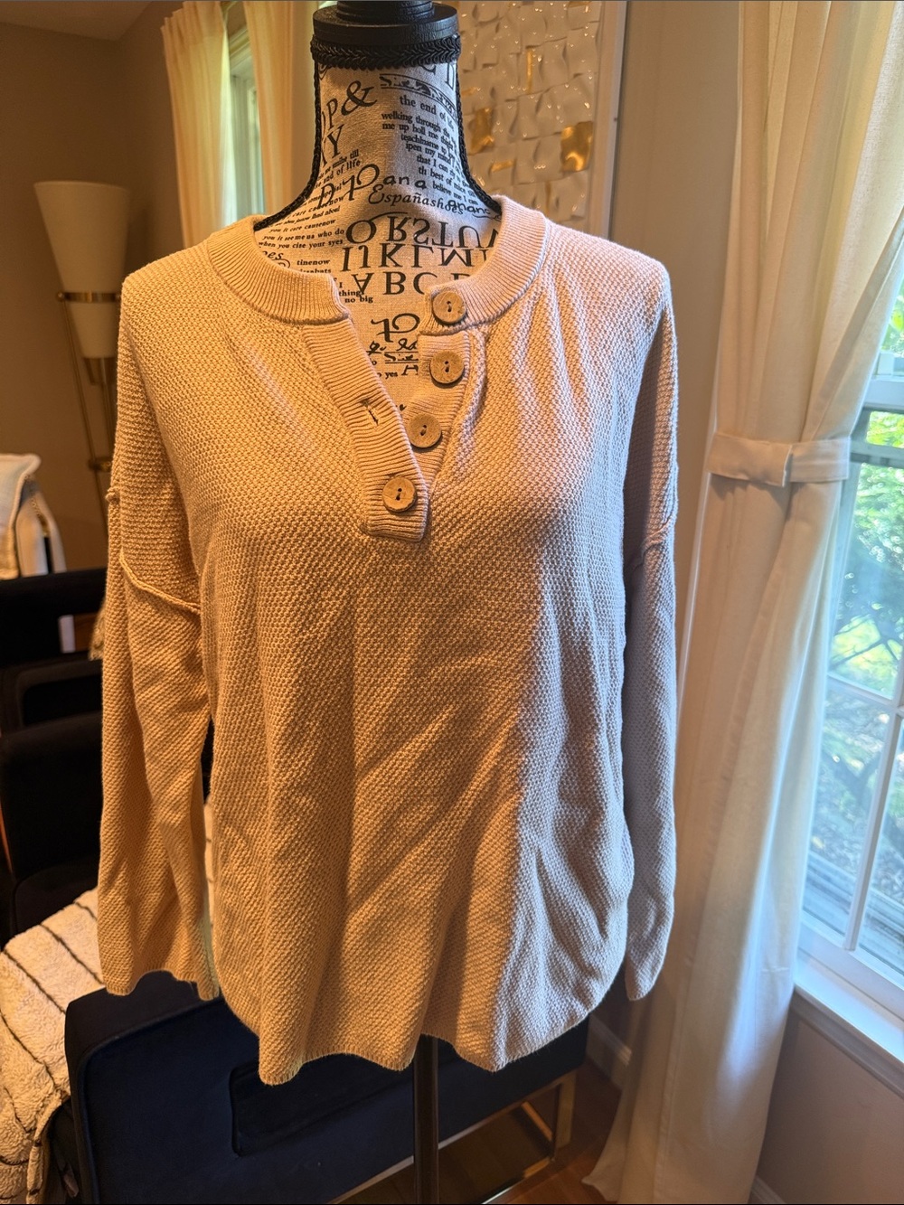 Women’s Cream Waffle-Knit Henley Pullover with Button Placket